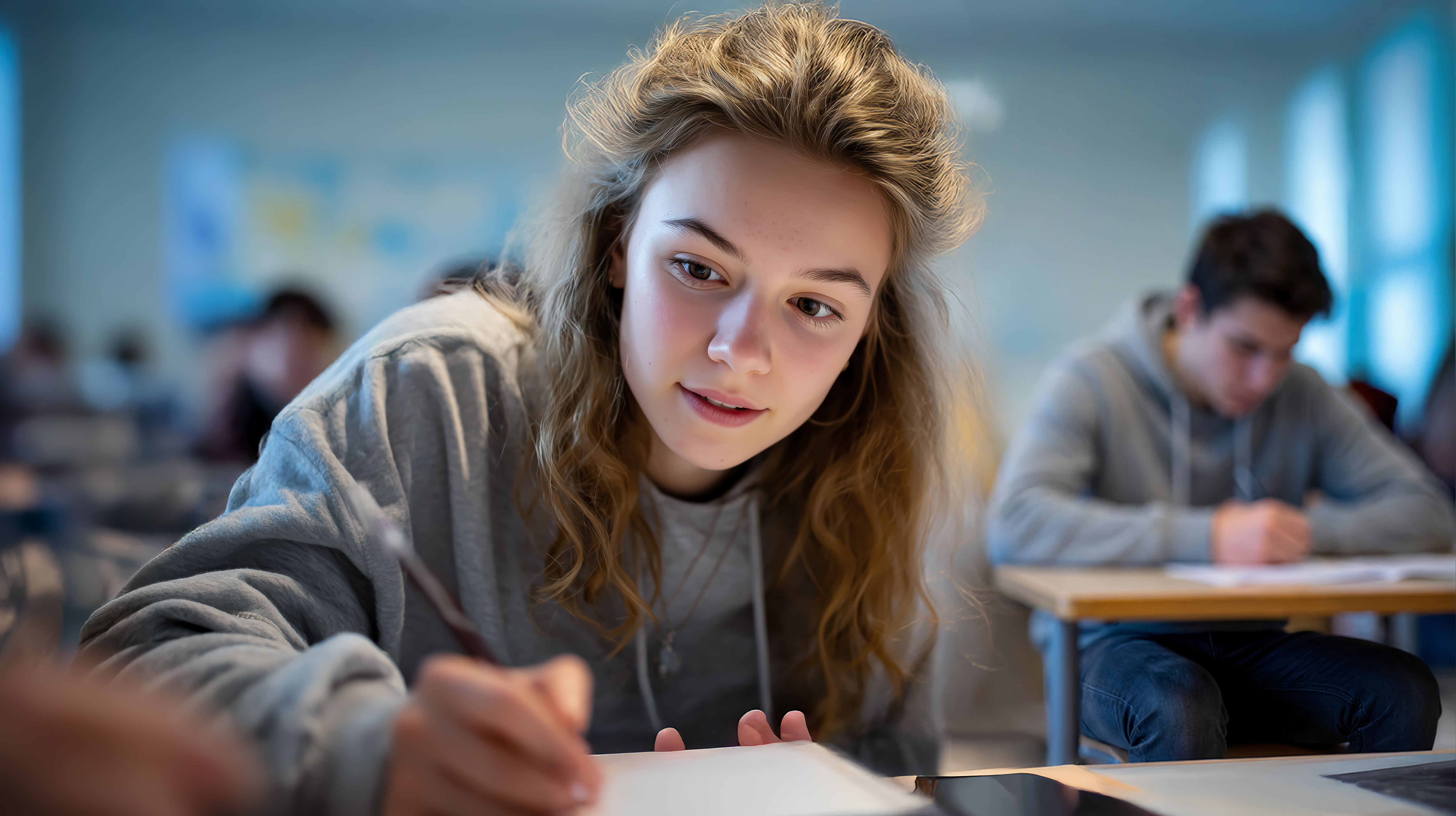 Na zdjęciu widoczna jest młoda kobieta siedząca w sali lekcyjnej, skupiona na pisaniu lub rozwiązywaniu zadania. Trzyma długopis i pochyla się nad kartką, koncentrując się na swojej pracy. Ma jasne, lekko falowane włosy opadające na ramiona i ubrana jest w szarą bluzę z kapturem. W tle, lekko rozmytym, widać innych uczniów siedzących przy ławkach, również zajętych pracą.